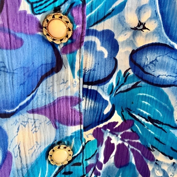 Vintage Button down shirt Floral print Cobalt blue/purple shortsleeve 16 Petite - Picture 7 of 7